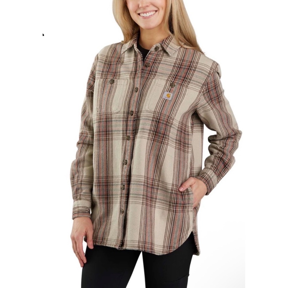 Carhartt Womens Loose Fit Heavyweight Flannel Shirt Plaid Tan Brown TW5991-W S